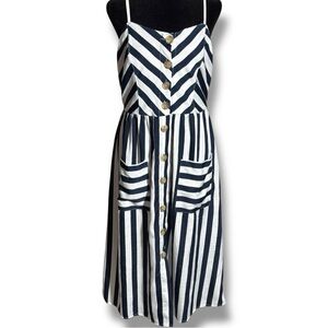 Style House Navy/White Stripe Sleeveless Button Down Front Midi Dress w/ Pockets